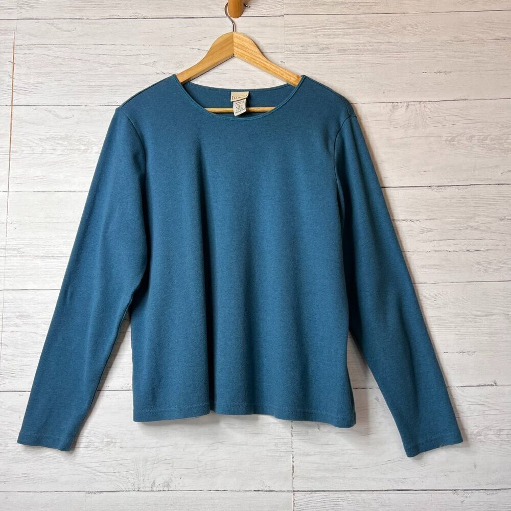 L.L. Bean Top Womens SZ 1X Teal Long Sleeve Crew Neck 100% Cotton Casual Classic